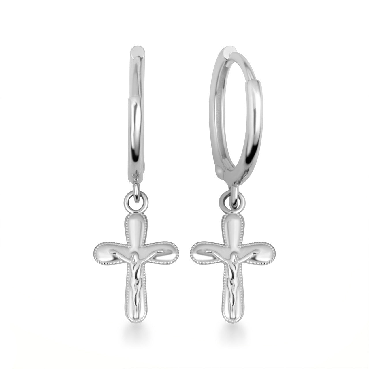 Sterling Silver Cross Crucifix Jesus Christ Milgrain Drop Huggie Hoop Earrings