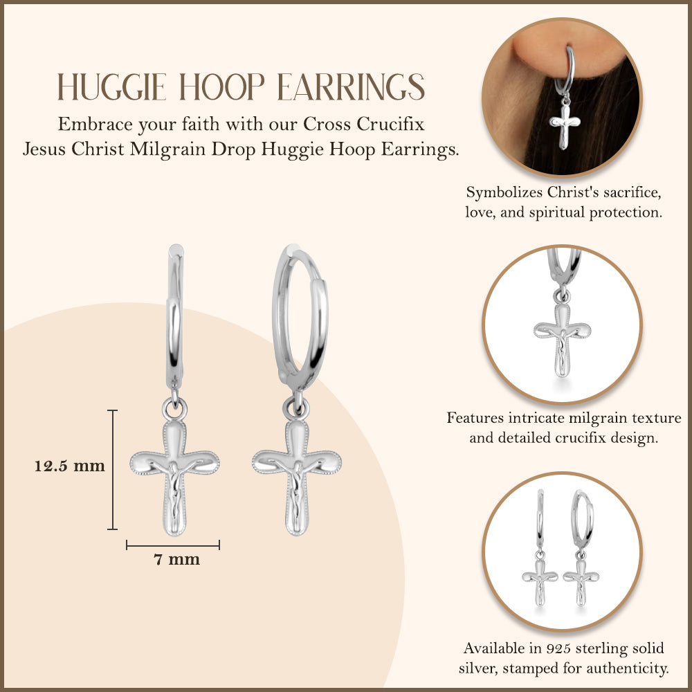 Sterling Silver Cross Crucifix Jesus Christ Milgrain Drop Huggie Hoop Earrings, view 3