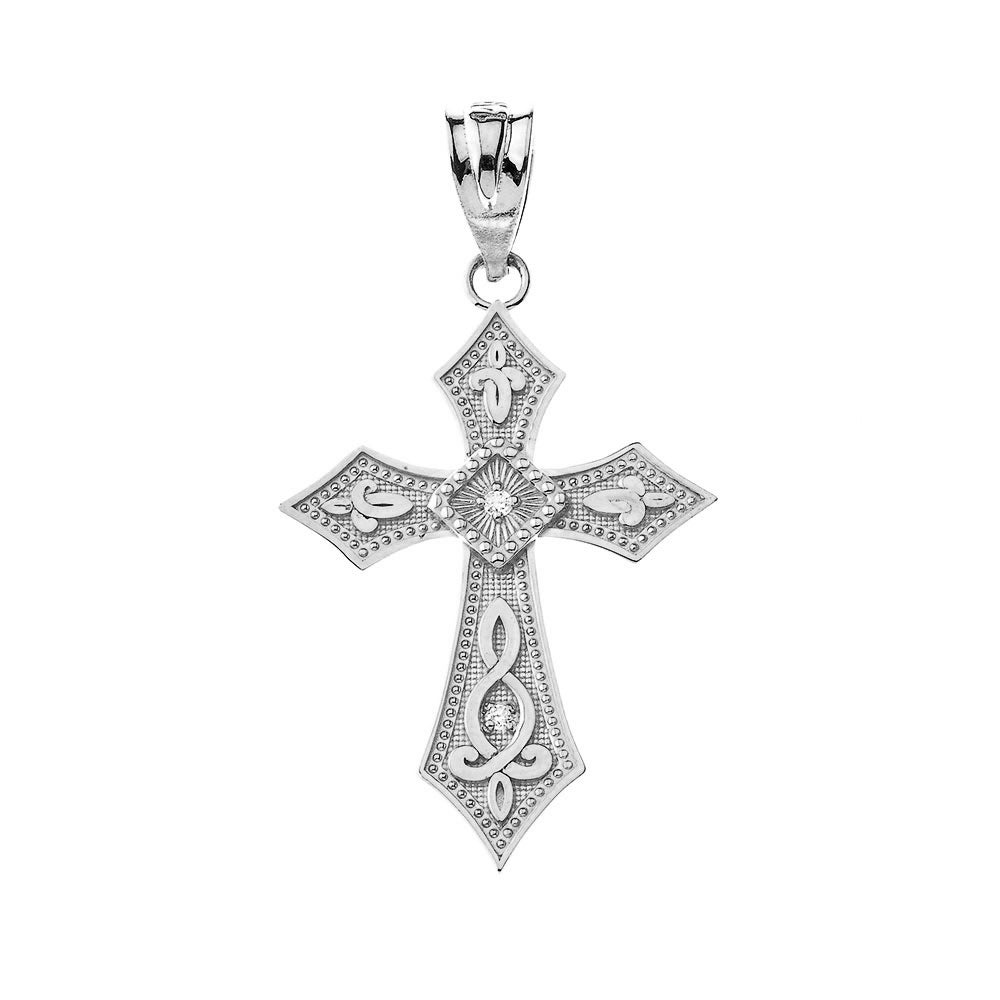 Sterling Silver Cross Cubic Zirconia Filigree Cross Beaded Pendant Necklace, view 2