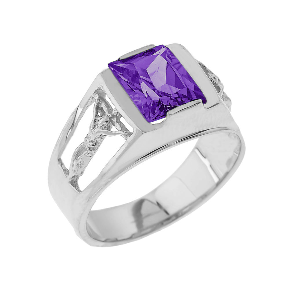 Sterling Silver Crucifix Cross Lab Created Gemstone Men's Ring, view 2
