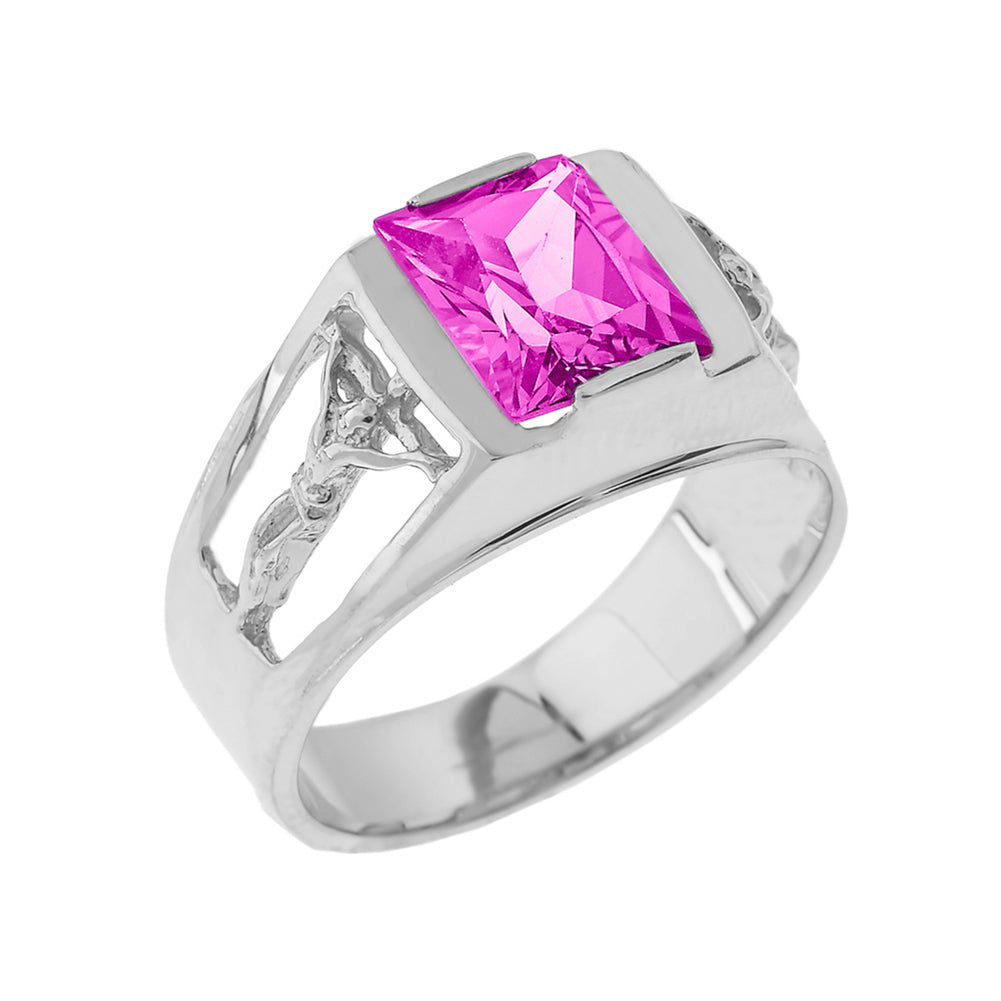 Sterling Silver Crucifix Cross Lab Created Gemstone Men's Ring, view 6