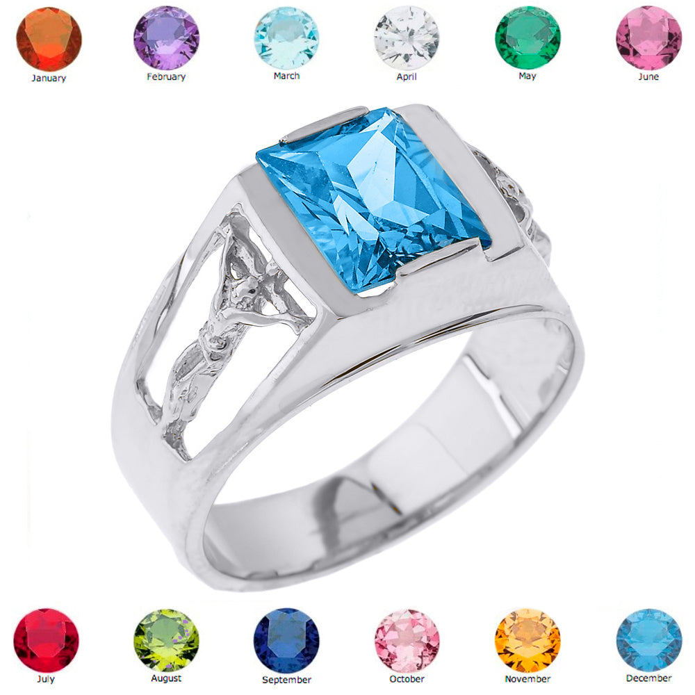 Sterling Silver Crucifix Cross Lab Created Gemstone Men's Ring, view 13