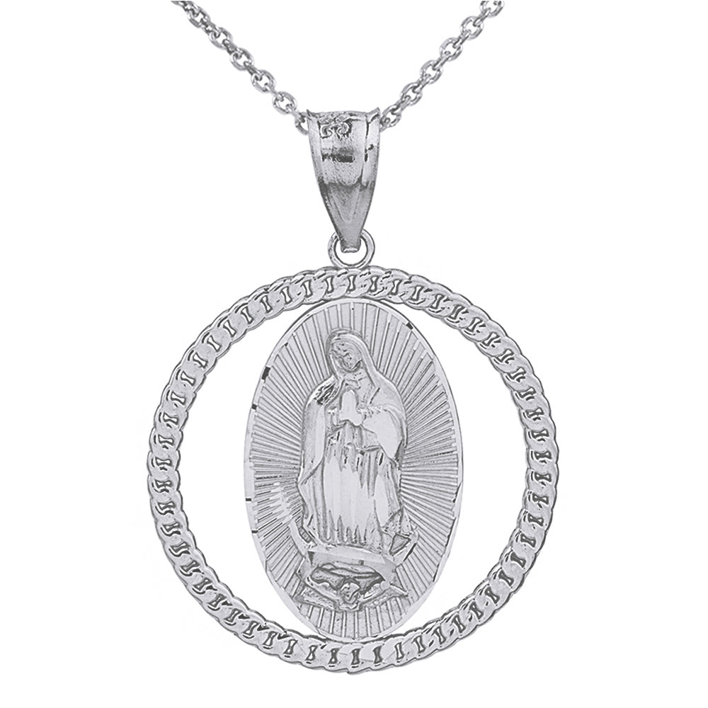 Sterling Silver Cuban Link Circle Frame Diamond Cut Lady of Guadalupe Pendant Necklace