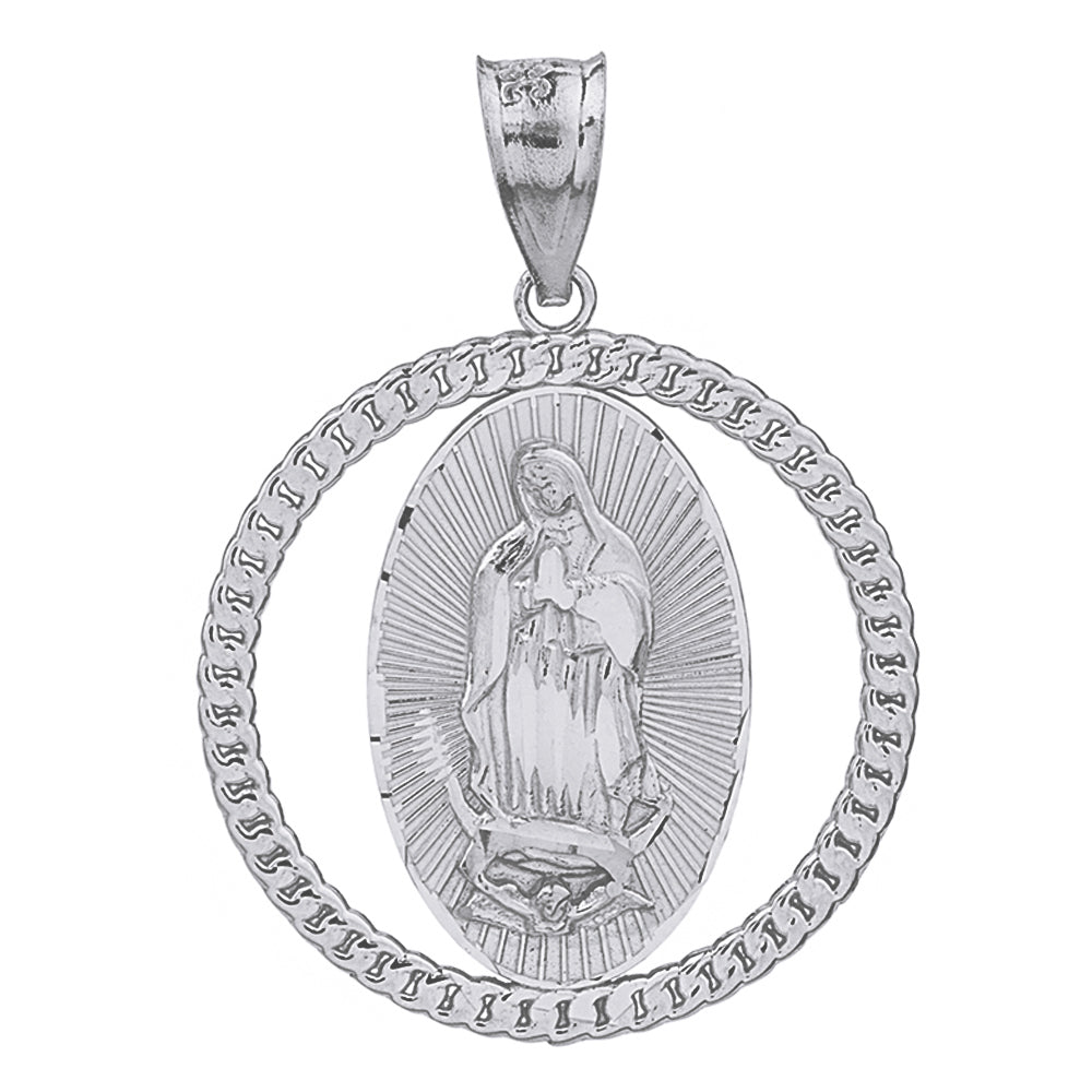 Sterling Silver Cuban Link Circle Frame Diamond Cut Lady of Guadalupe Pendant Necklace, view 2