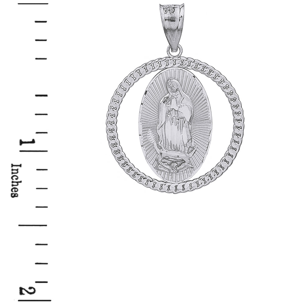 Sterling Silver Cuban Link Circle Frame Diamond Cut Lady of Guadalupe Pendant Necklace, view 3