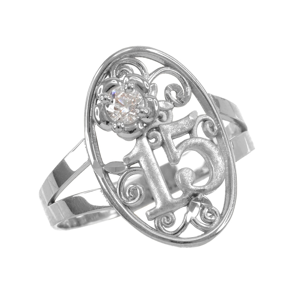 Sterling Silver Cubic Zirconia 15 Años Flower Quinceañera Filigree Oval Ring
