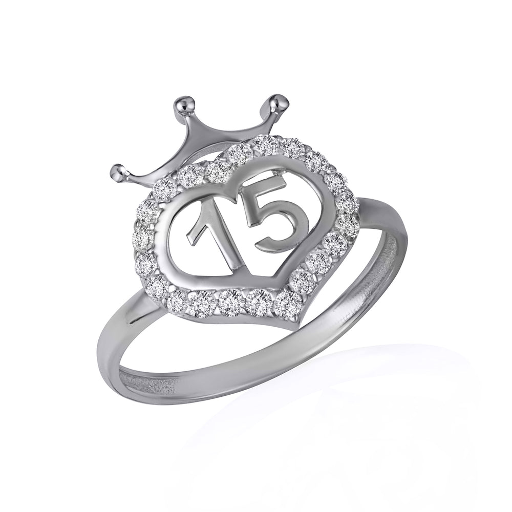Sterling Silver Cubic Zirconia 15 Años Heart Crown Quinceañera Ring
