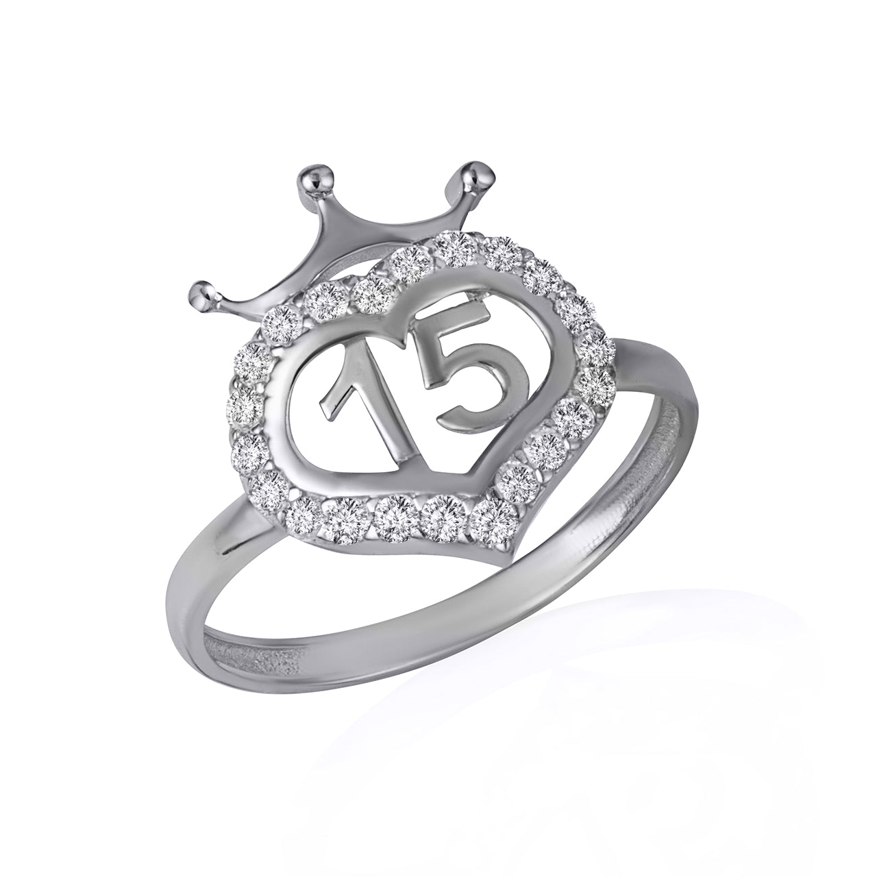 Sterling Silver Cubic Zirconia 15 Años Heart Crown Quinceañera Ring