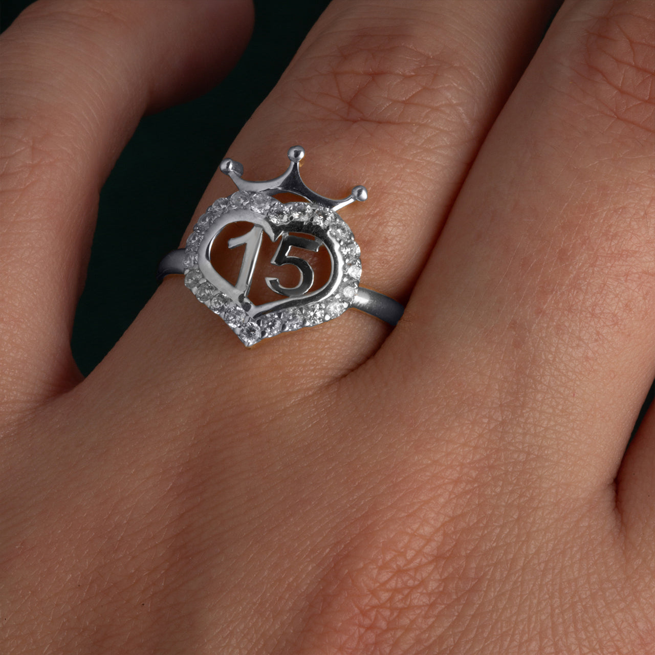 Sterling Silver Cubic Zirconia 15 Años Heart Crown Quinceañera Ring, view 2