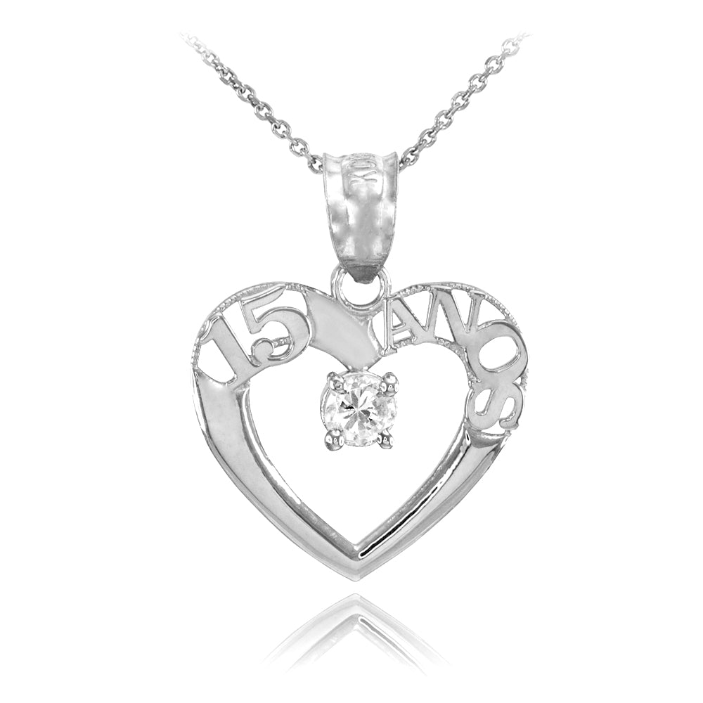 Sterling Silver Cubic Zirconia 15 Años Heart Quinceañera Pendant Necklace