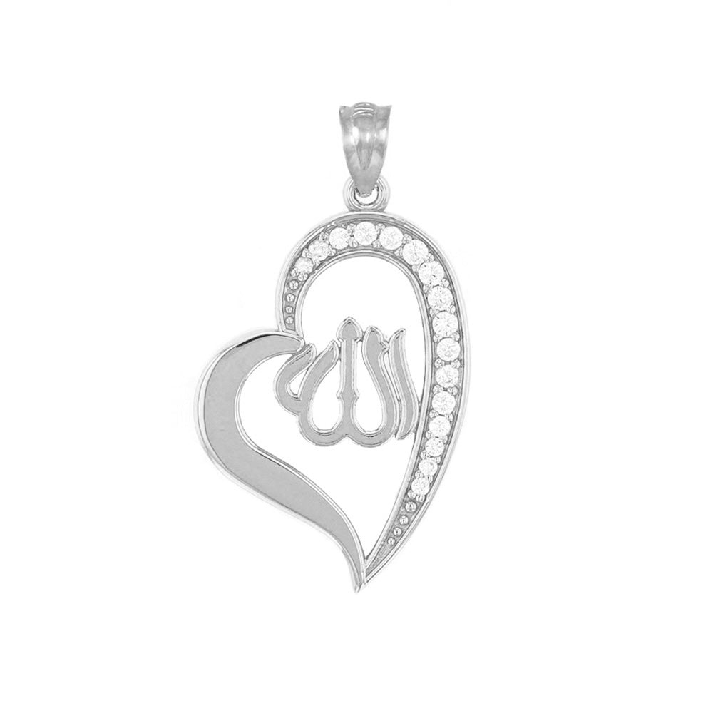 Sterling Silver Cubic Zirconia Allah Heart Pendant Necklace, view 2