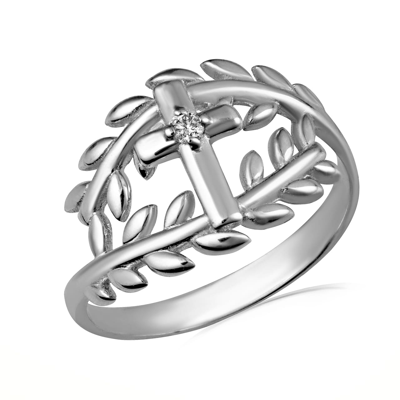 Sterling Silver Cubic Zirconia Cross Olive Branch Vines Wraparound Ring