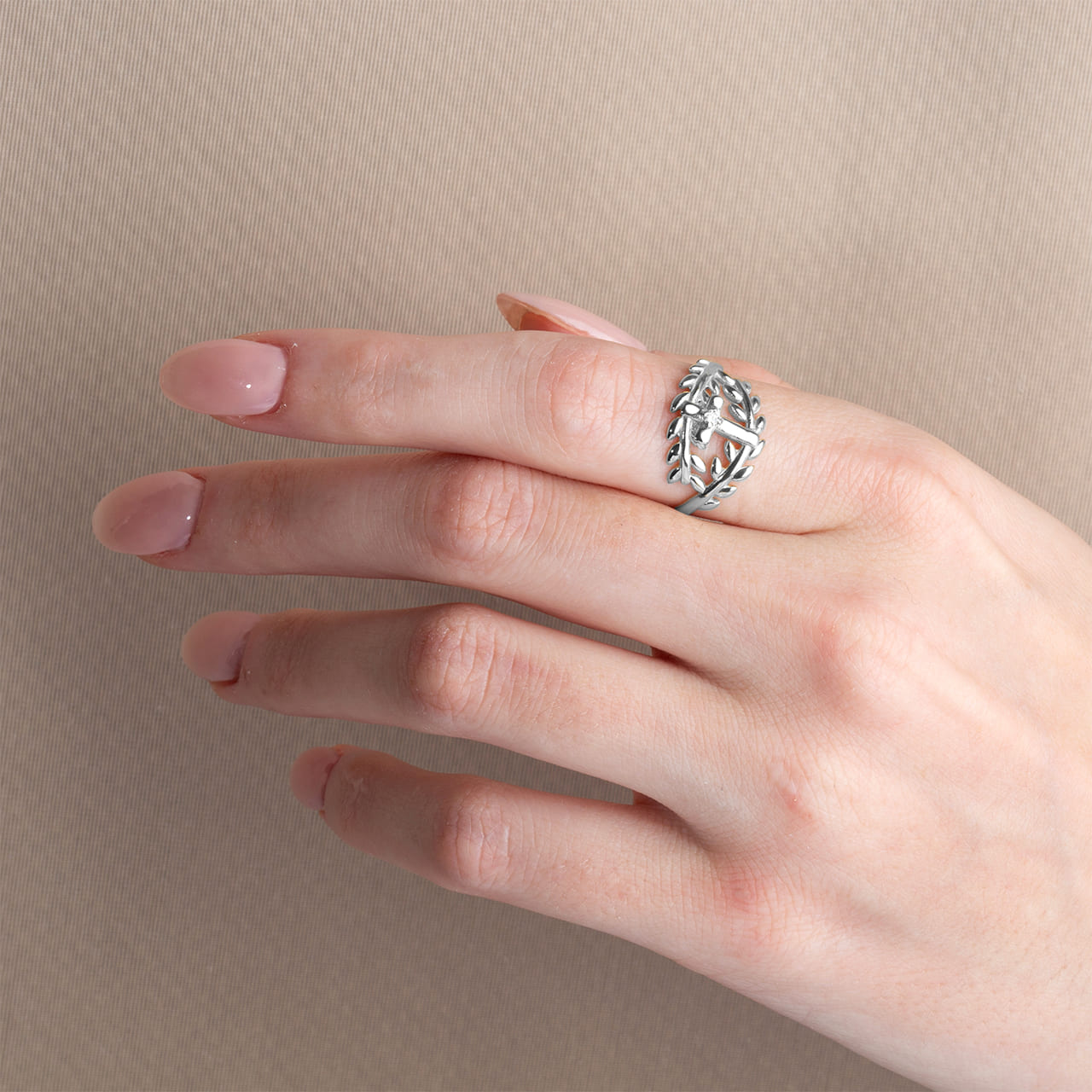 Sterling Silver Cubic Zirconia Cross Olive Branch Vines Wraparound Ring, view 2