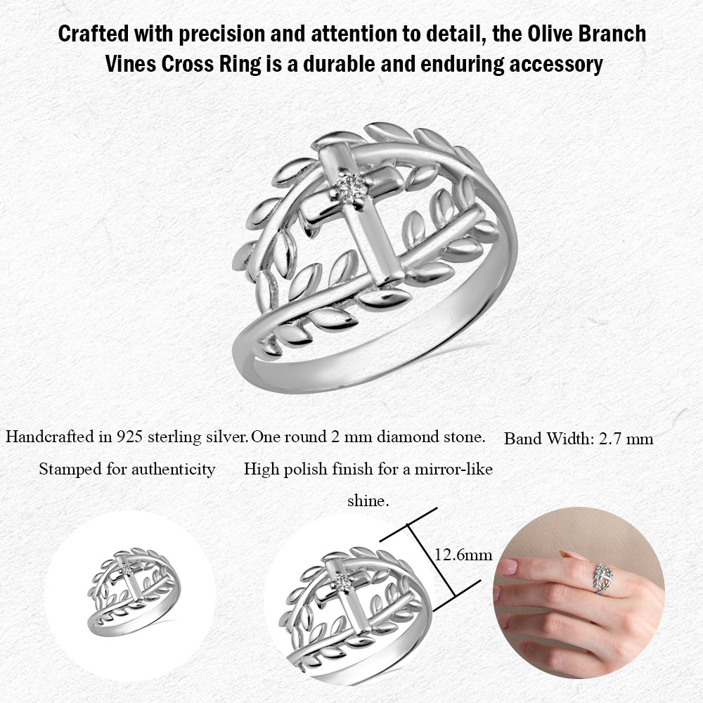 Sterling Silver Cubic Zirconia Cross Olive Branch Vines Wraparound Ring, view 3