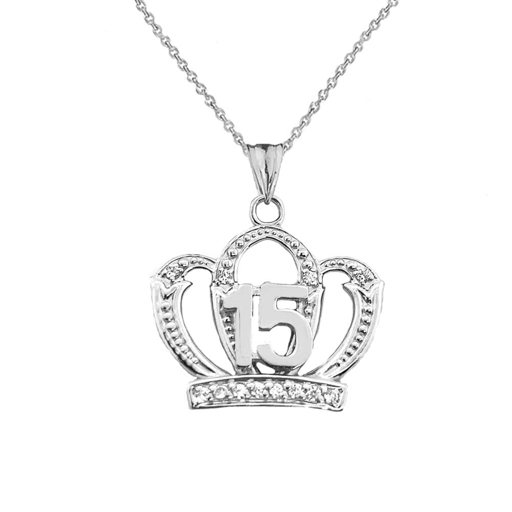 Sterling Silver Cubic Zirconia Crown 15 Años Quinceañera Textured Pendant Necklace