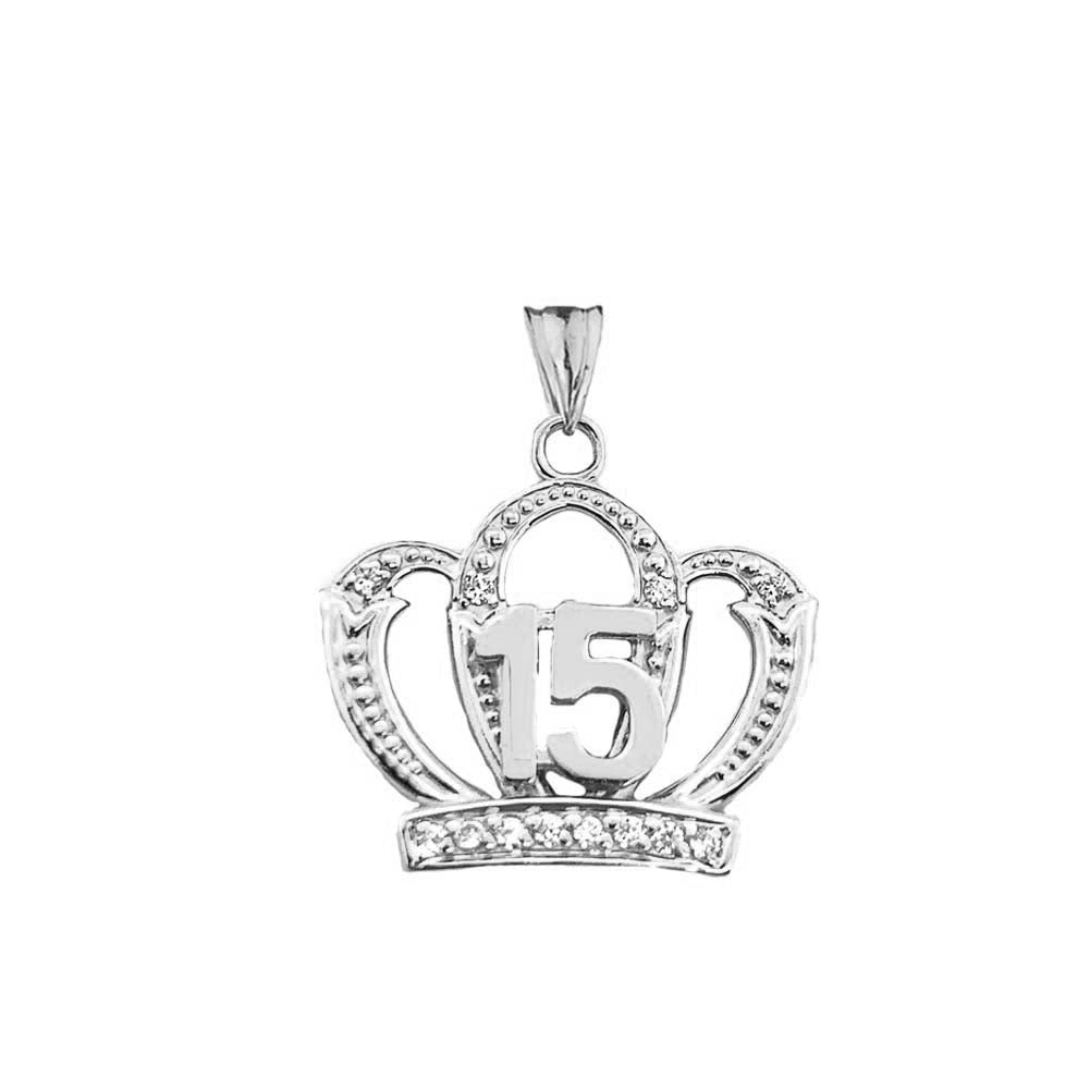 Sterling Silver Cubic Zirconia Crown 15 Años Quinceañera Textured Pendant Necklace, view 2