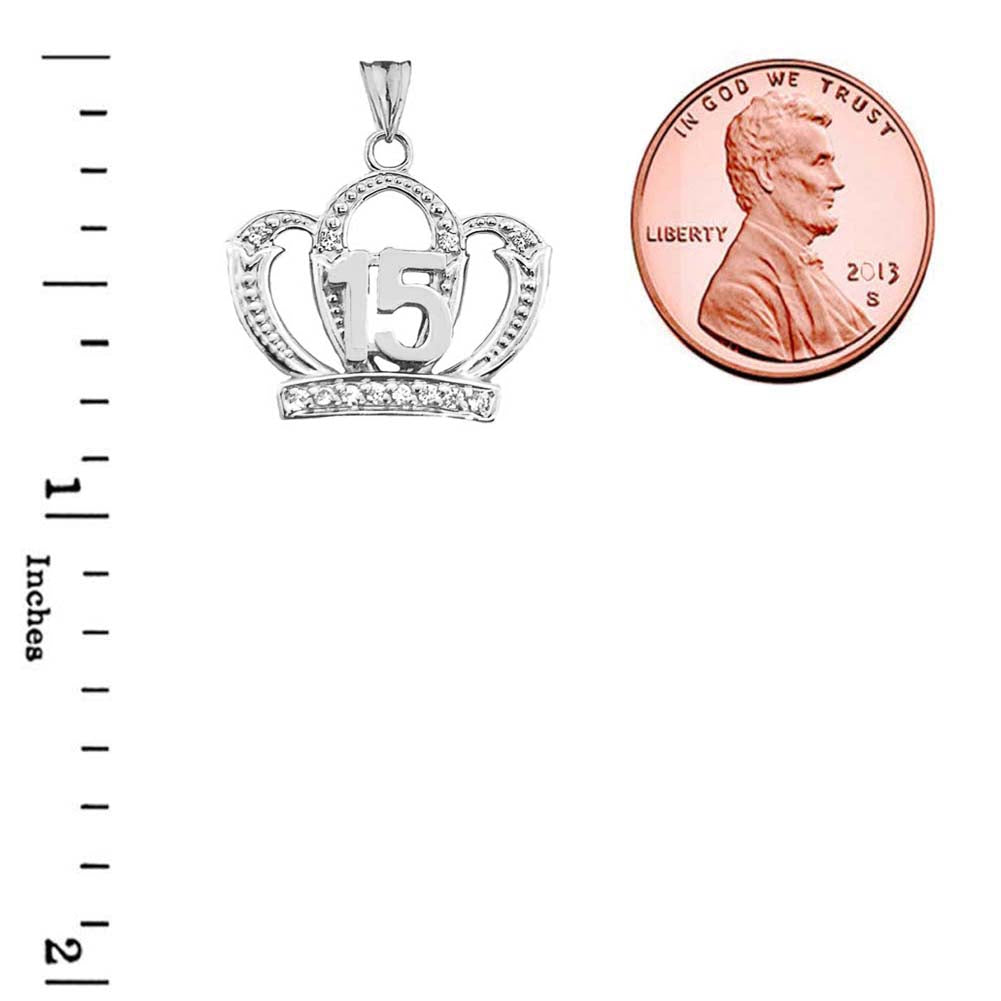 Sterling Silver Cubic Zirconia Crown 15 Años Quinceañera Textured Pendant Necklace, view 3