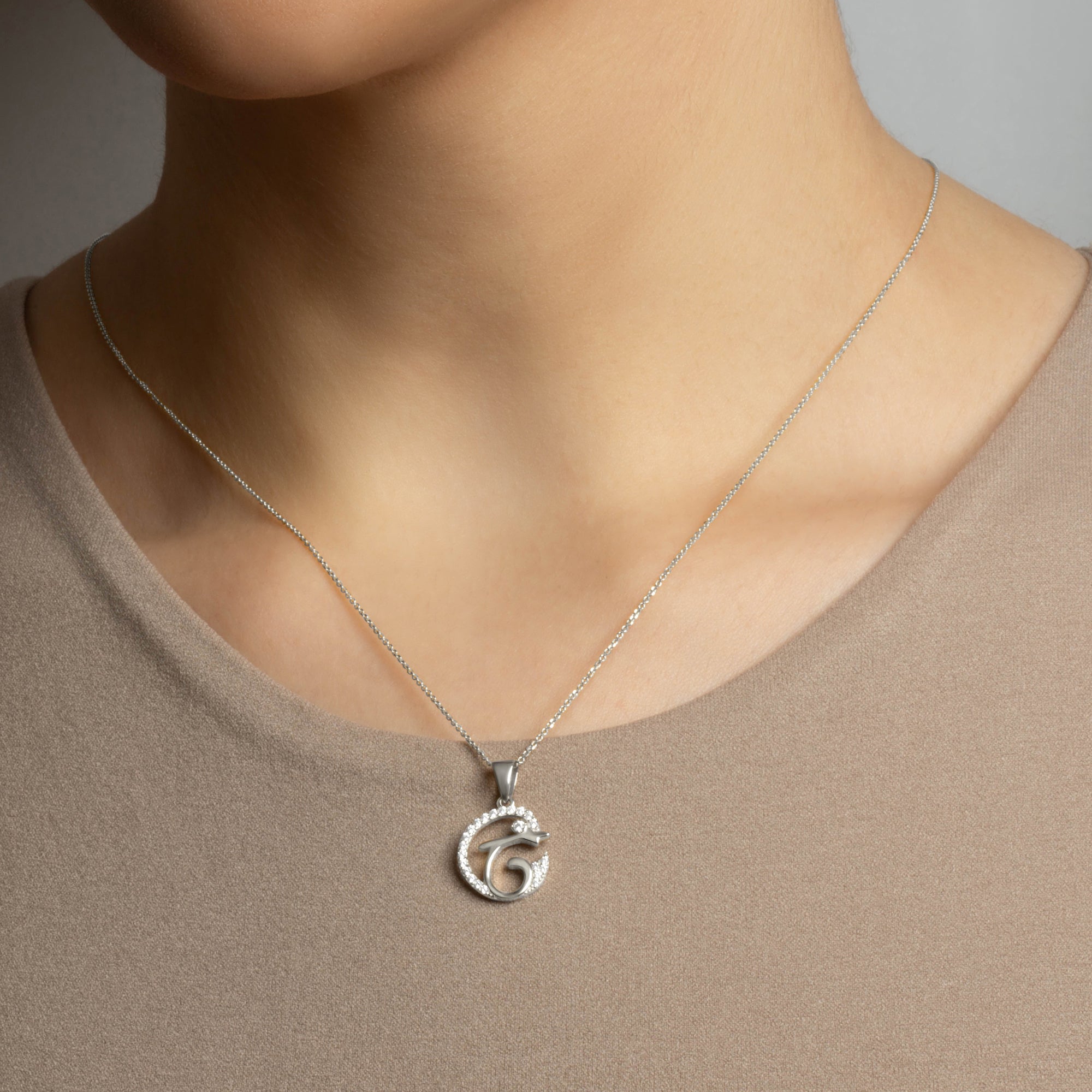 Sterling Silver Cubic Zirconia Dolphin Silhouette Pendant Necklace, view 2