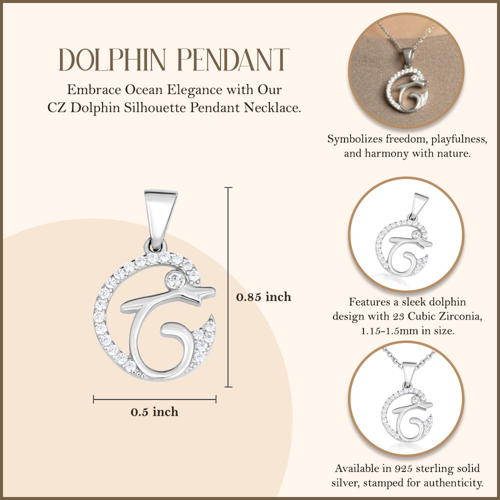 Sterling Silver Cubic Zirconia Dolphin Silhouette Pendant Necklace, view 3