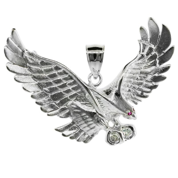 Sterling Silver Cubic Zirconia Eagle Ruby Birthstone Pendant (2")