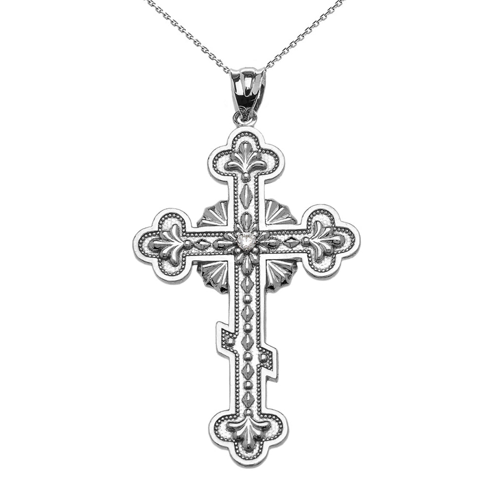 Sterling Silver Cubic Zirconia Eastern Orthodox Cross Milgrain Pendant Necklace