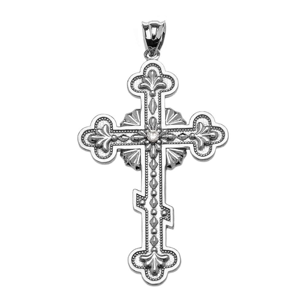 Sterling Silver Cubic Zirconia Eastern Orthodox Cross Milgrain Pendant Necklace, view 2