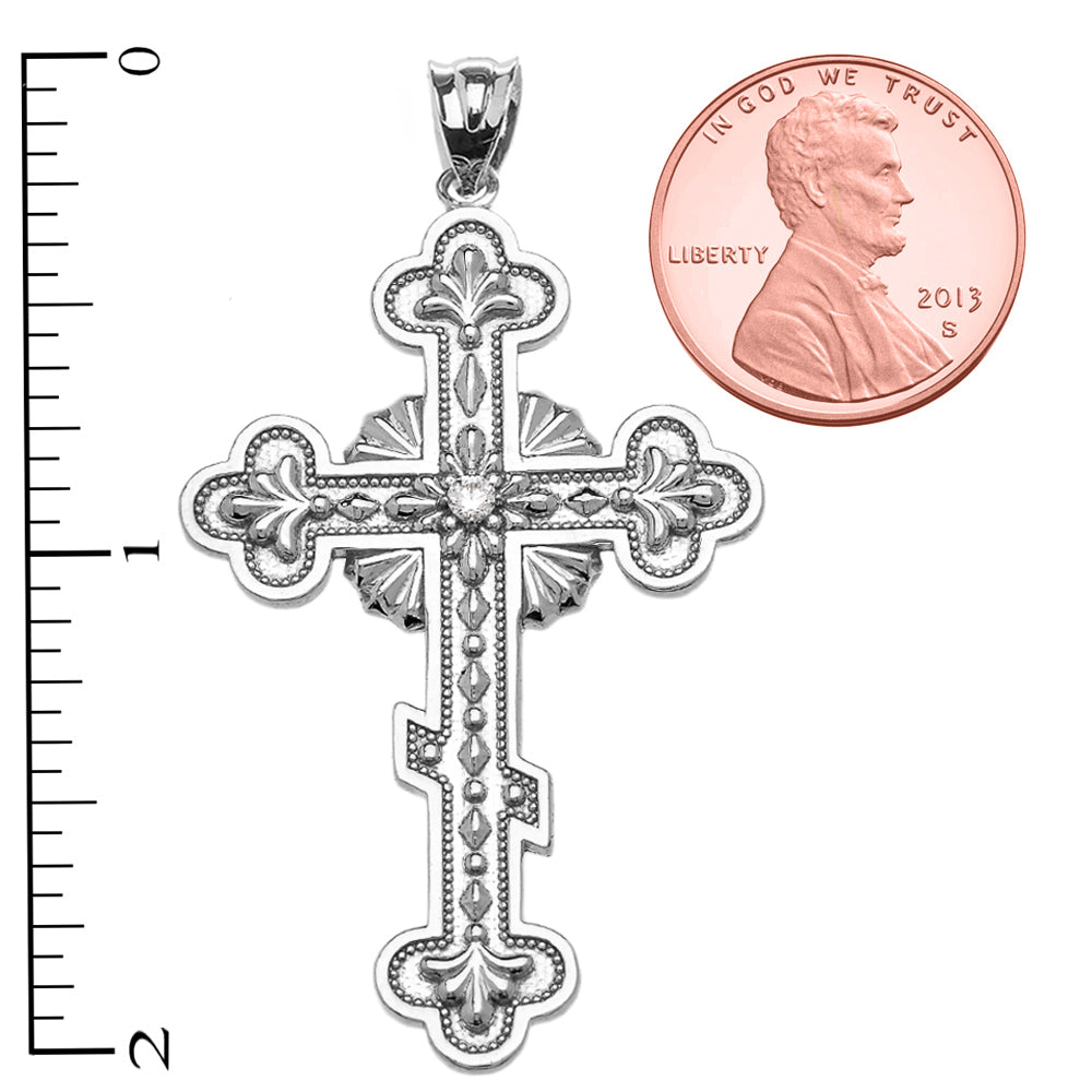 Sterling Silver Cubic Zirconia Eastern Orthodox Cross Milgrain Pendant Necklace, view 3