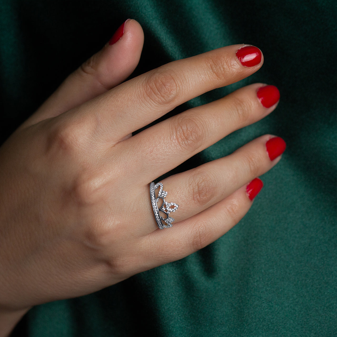 Sterling Silver Cubic Zirconia Filigree Crown Band Ring, view 3
