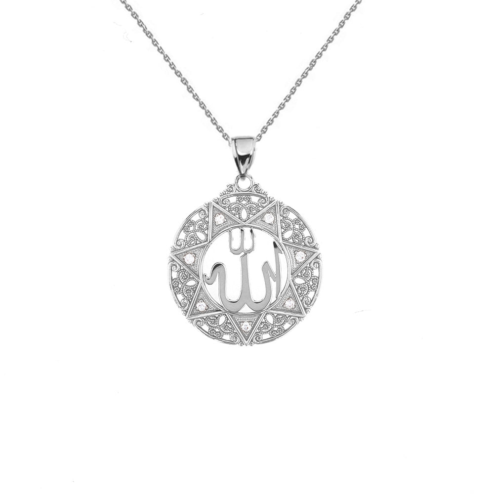 Sterling Silver Cubic Zirconia Filigree Round Allah Pendant Necklace (1")