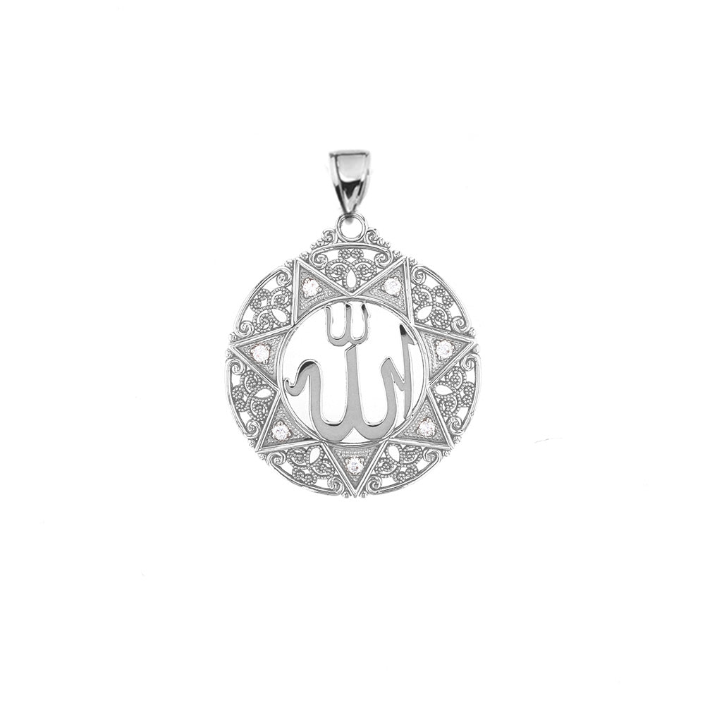 Sterling Silver Cubic Zirconia Filigree Round Allah Pendant Necklace (1"), view 2