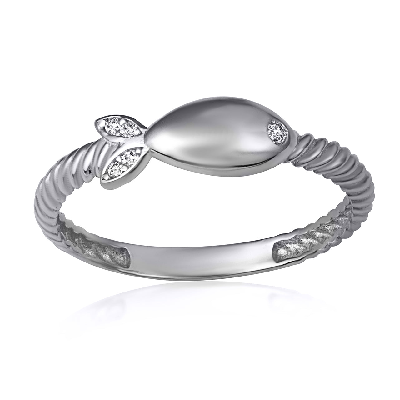 Sterling Silver Cubic Zirconia Fish Rope Twist Band Ring