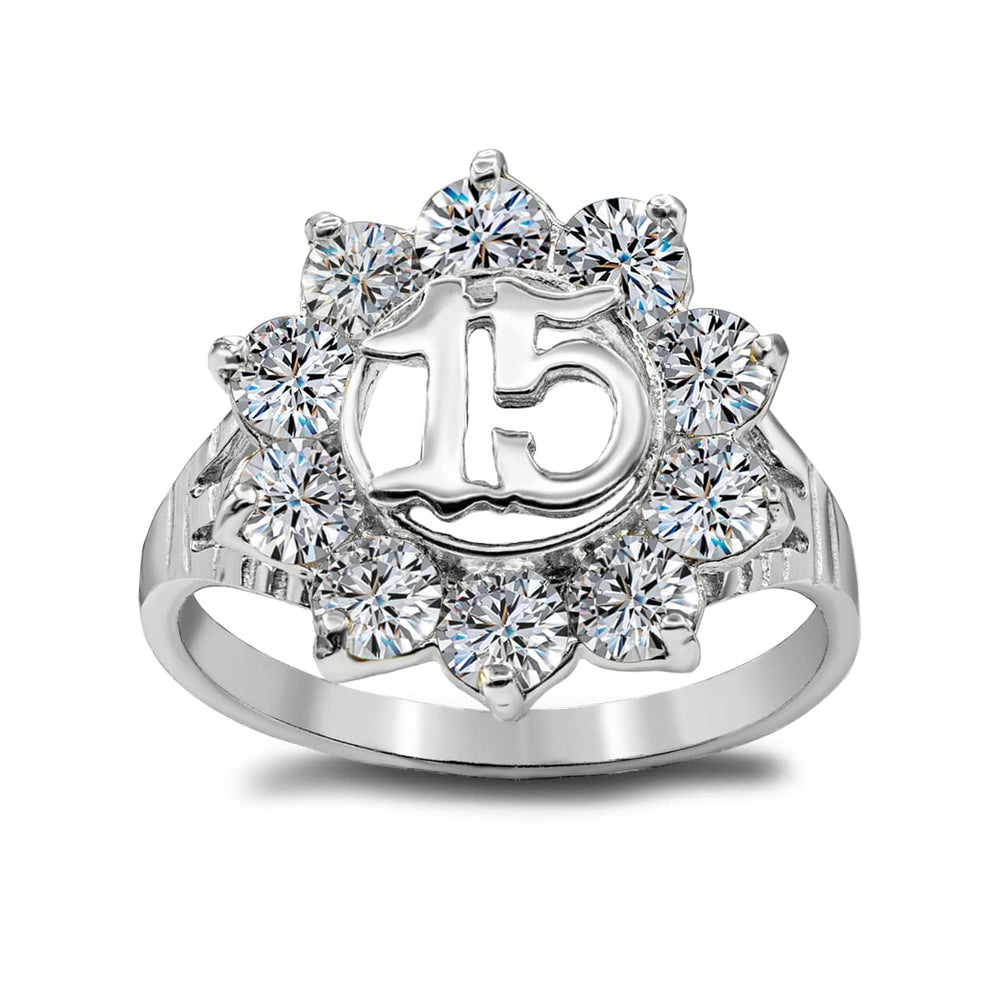 Sterling Silver Cubic Zirconia Flower 15 Años Quinceañera Ring (0.6")