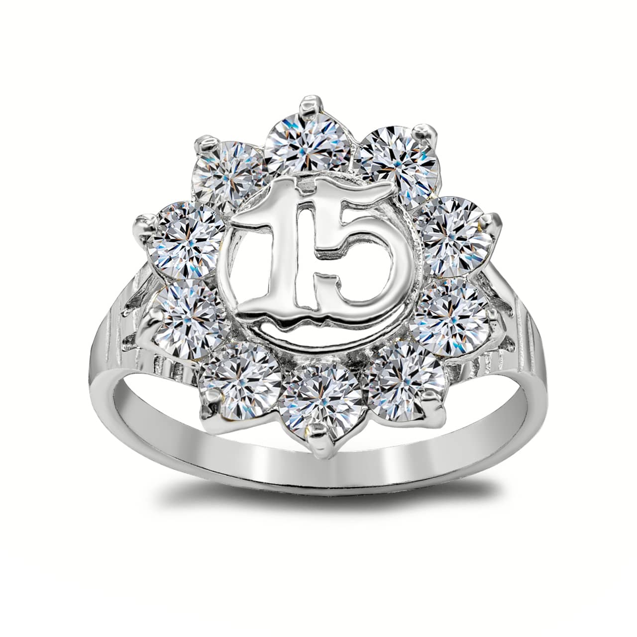 Sterling Silver Cubic Zirconia Flower 15 Años Quinceañera Ring (0.6")