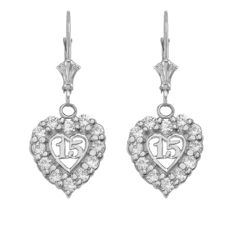 Sterling Silver Cubic Zirconia Heart 15 Años Quinceañera Leverback Earrings