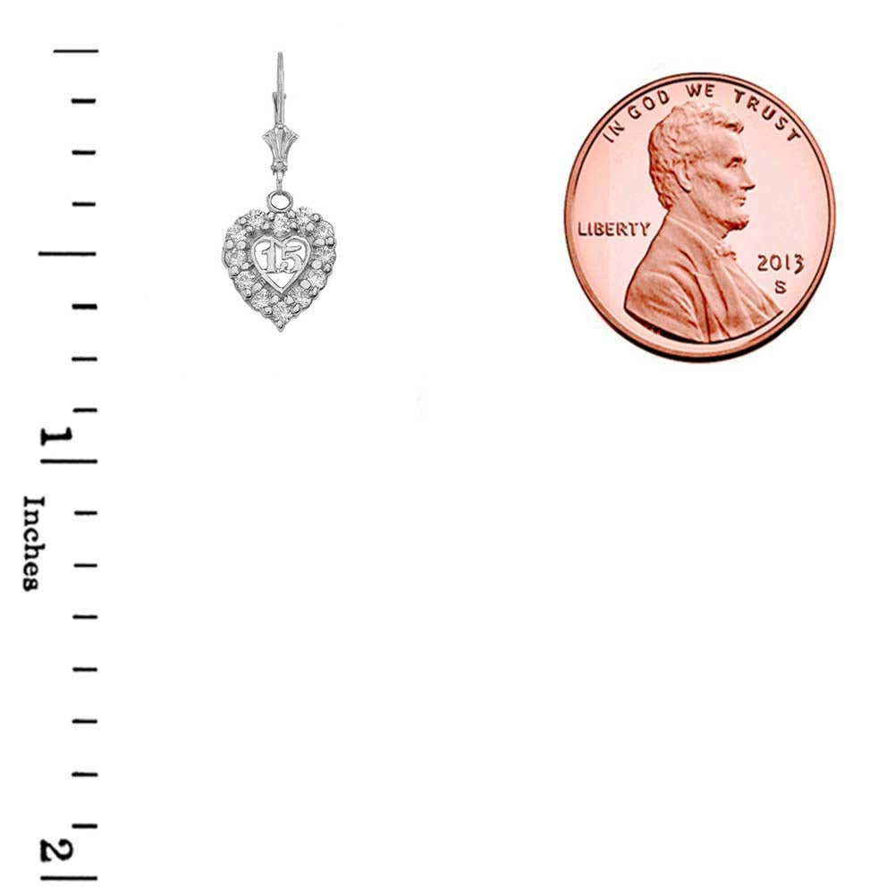 Sterling Silver Cubic Zirconia Heart 15 Años Quinceañera Leverback Earrings, view 2