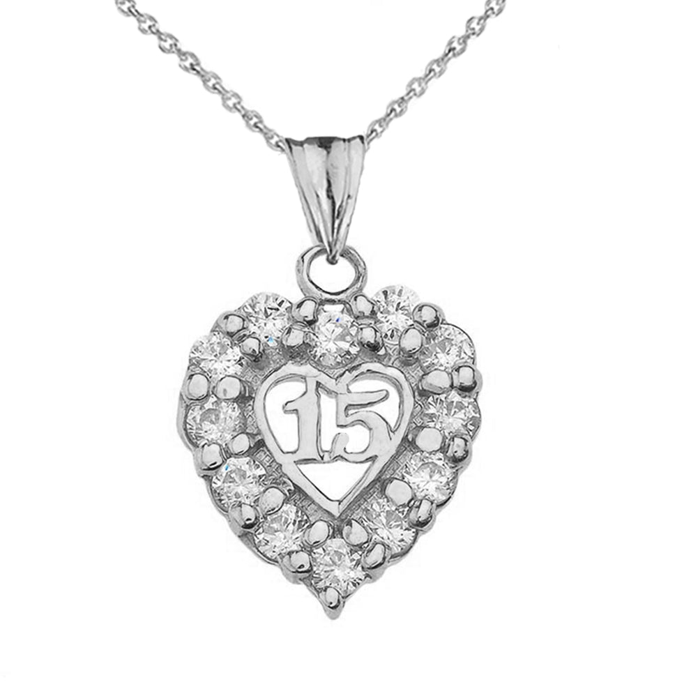 Sterling Silver Cubic Zirconia Heart 15 Años Quinceañera Pendant Necklace