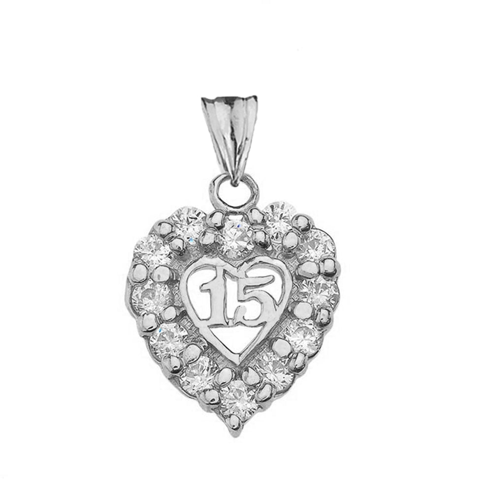 Sterling Silver Cubic Zirconia Heart 15 Años Quinceañera Pendant Necklace, view 2