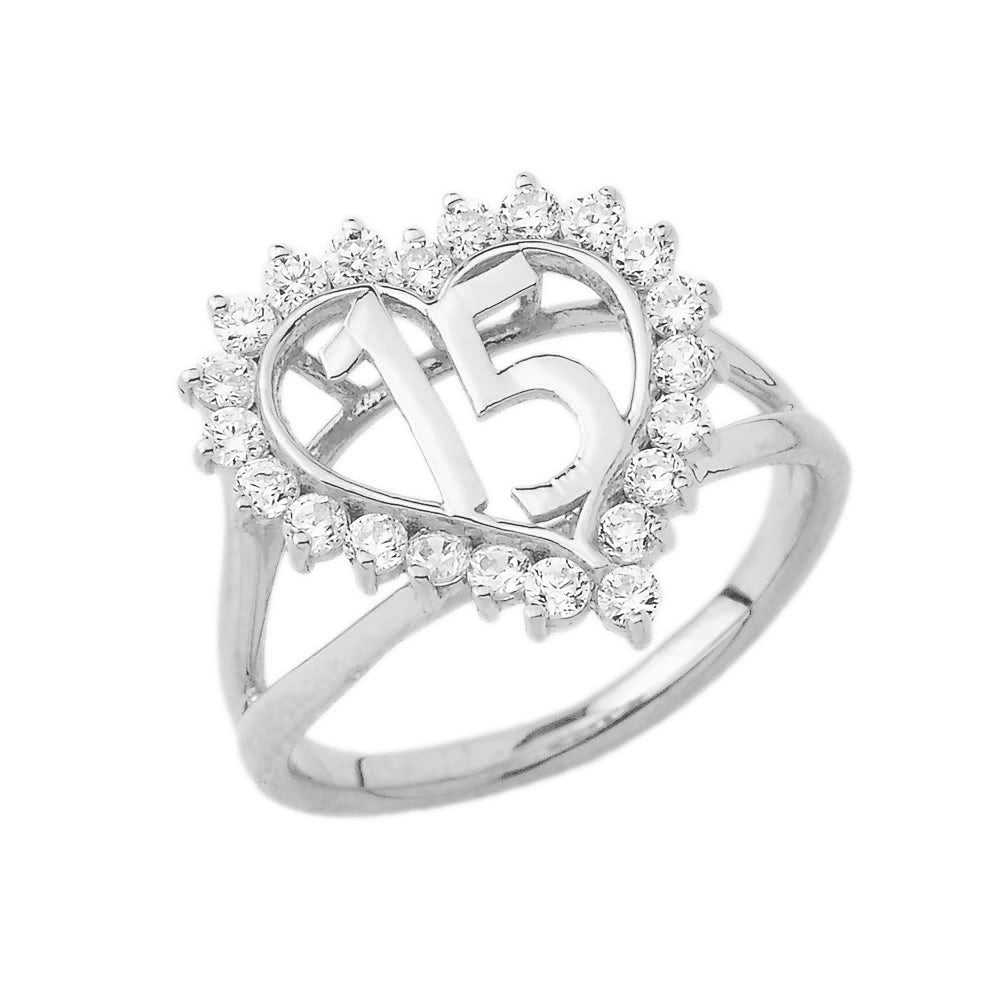 Sterling Silver Cubic Zirconia Heart 15 Años Quinceañera Ring