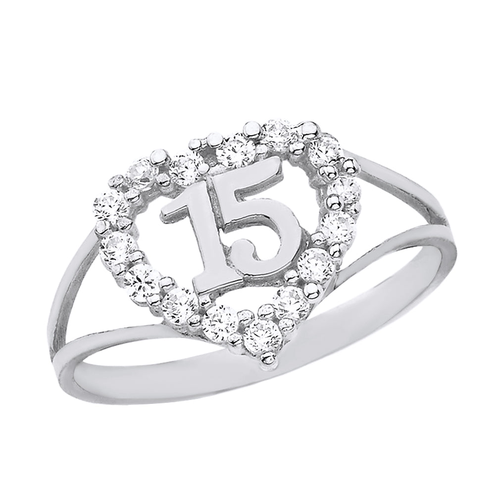 Sterling Silver Cubic Zirconia Heart Halo 15 Años Quinceañera Ring