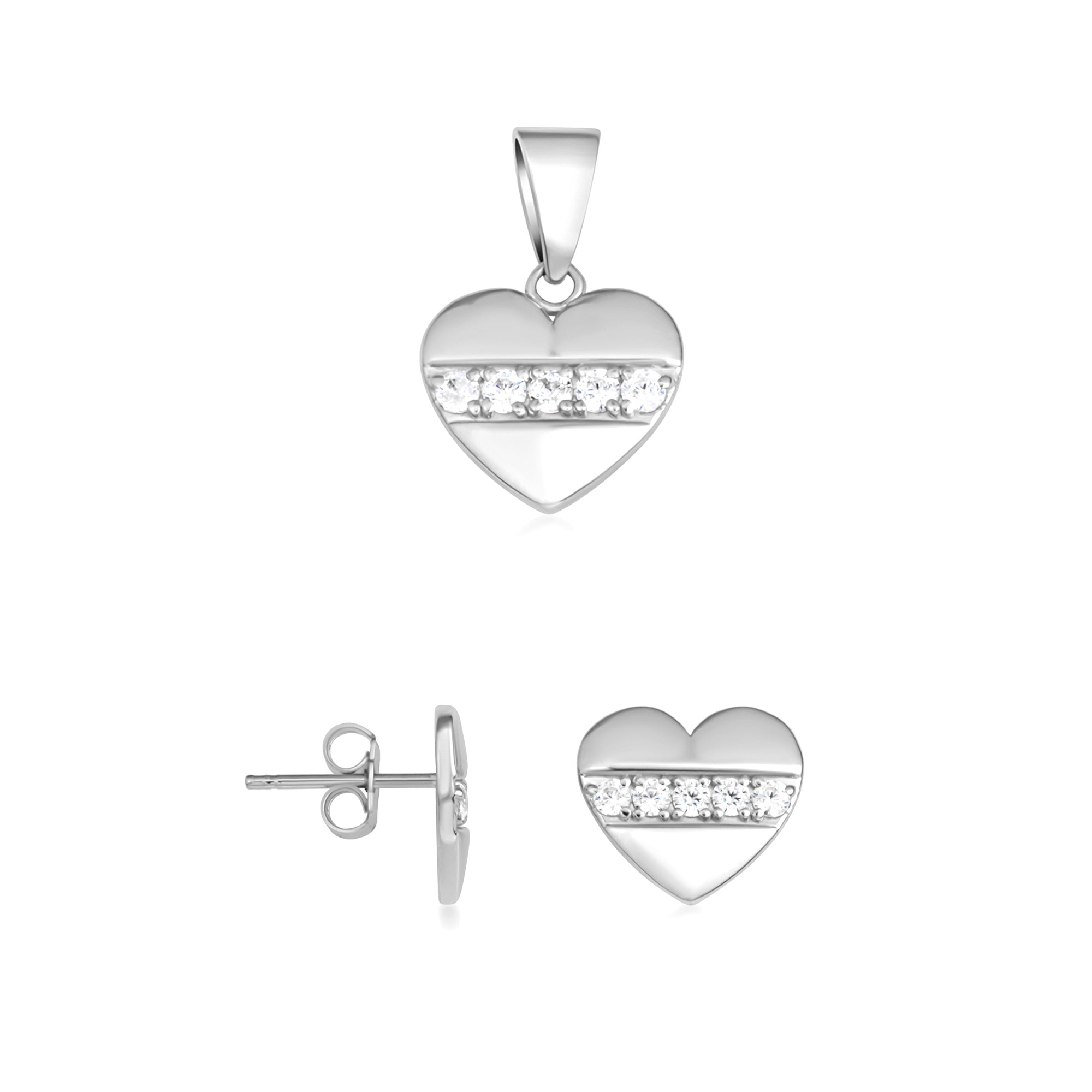 Sterling Silver Cubic Zirconia Heart Stud Earrings Pendant Necklace Set