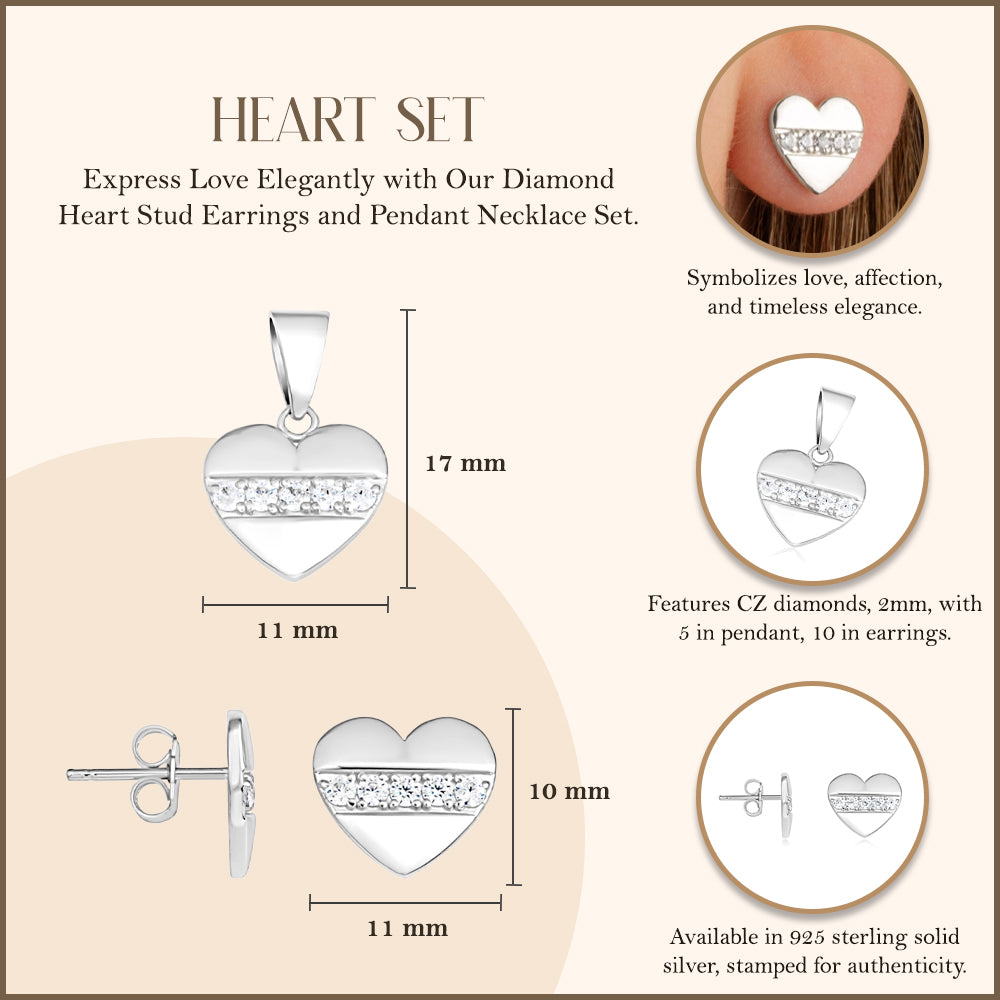 Sterling Silver Cubic Zirconia Heart Stud Earrings Pendant Necklace Set, view 4