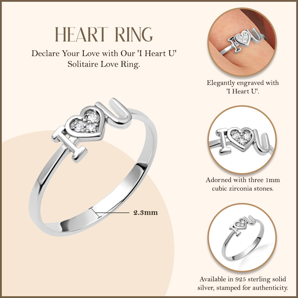 Sterling Silver Cubic Zirconia "I Heart U" Love Ring, view 3