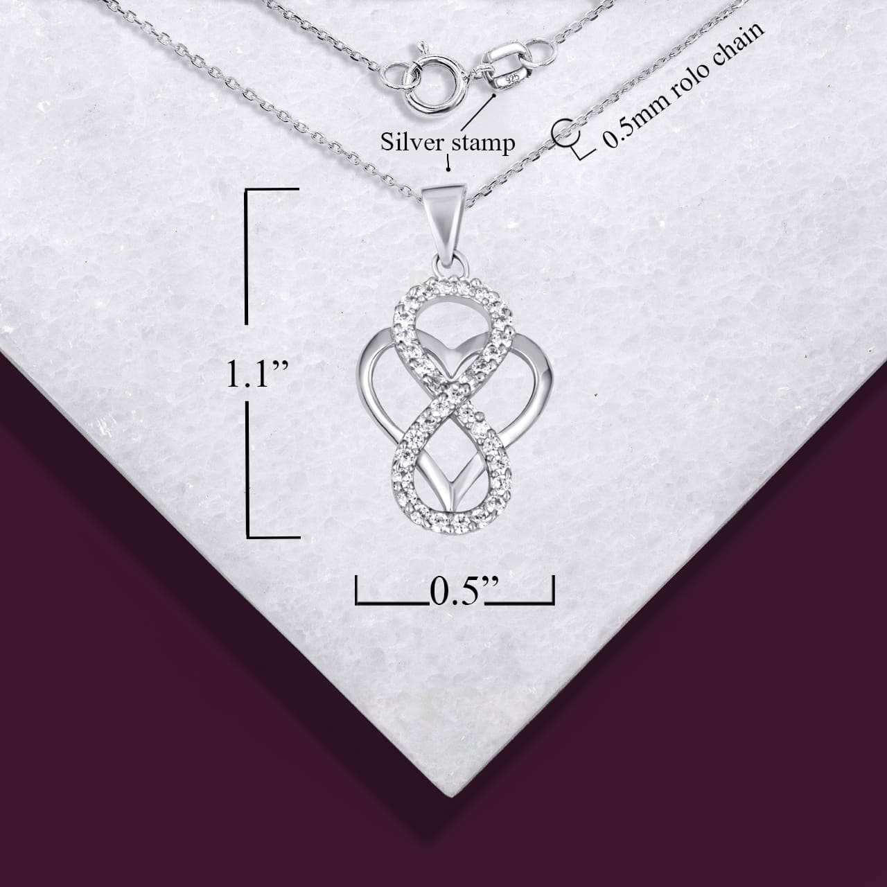 Sterling Silver Cubic Zirconia Infinity Heart Pendant Necklace, view 3