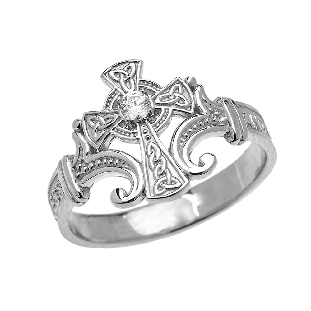 Sterling Silver Cubic Zirconia Irish Celtic Cross Trinity Knot Ring
