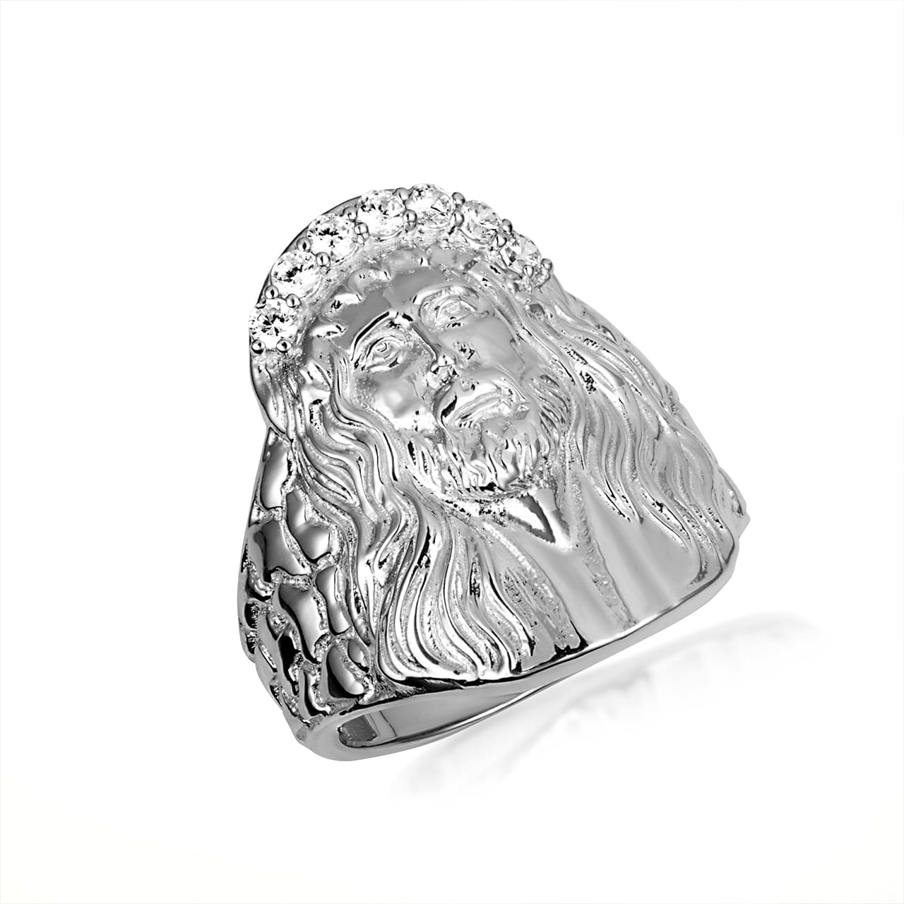 Sterling Silver Cubic Zirconia Jesus Christ Crown of Thorns Nugget Ring, view 4