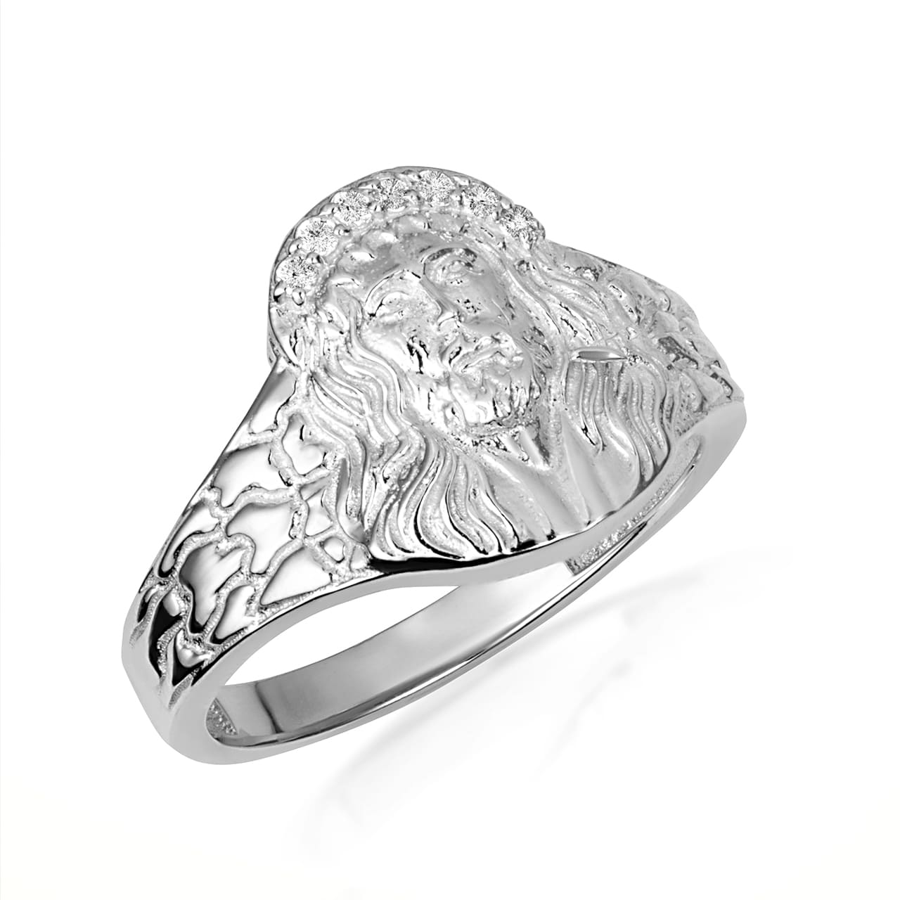 Sterling Silver Cubic Zirconia Jesus Christ Crown of Thorns Nugget Ring, view 5