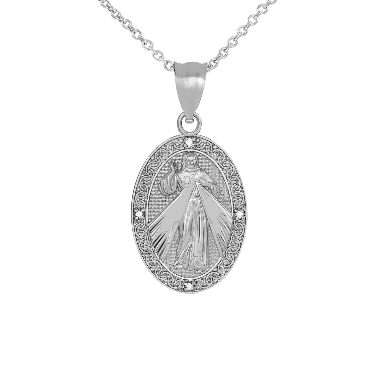 Sterling Silver Cubic Zirconia Jesus Christ Divine Mercy Engravable Oval Medallion Pendant Necklace