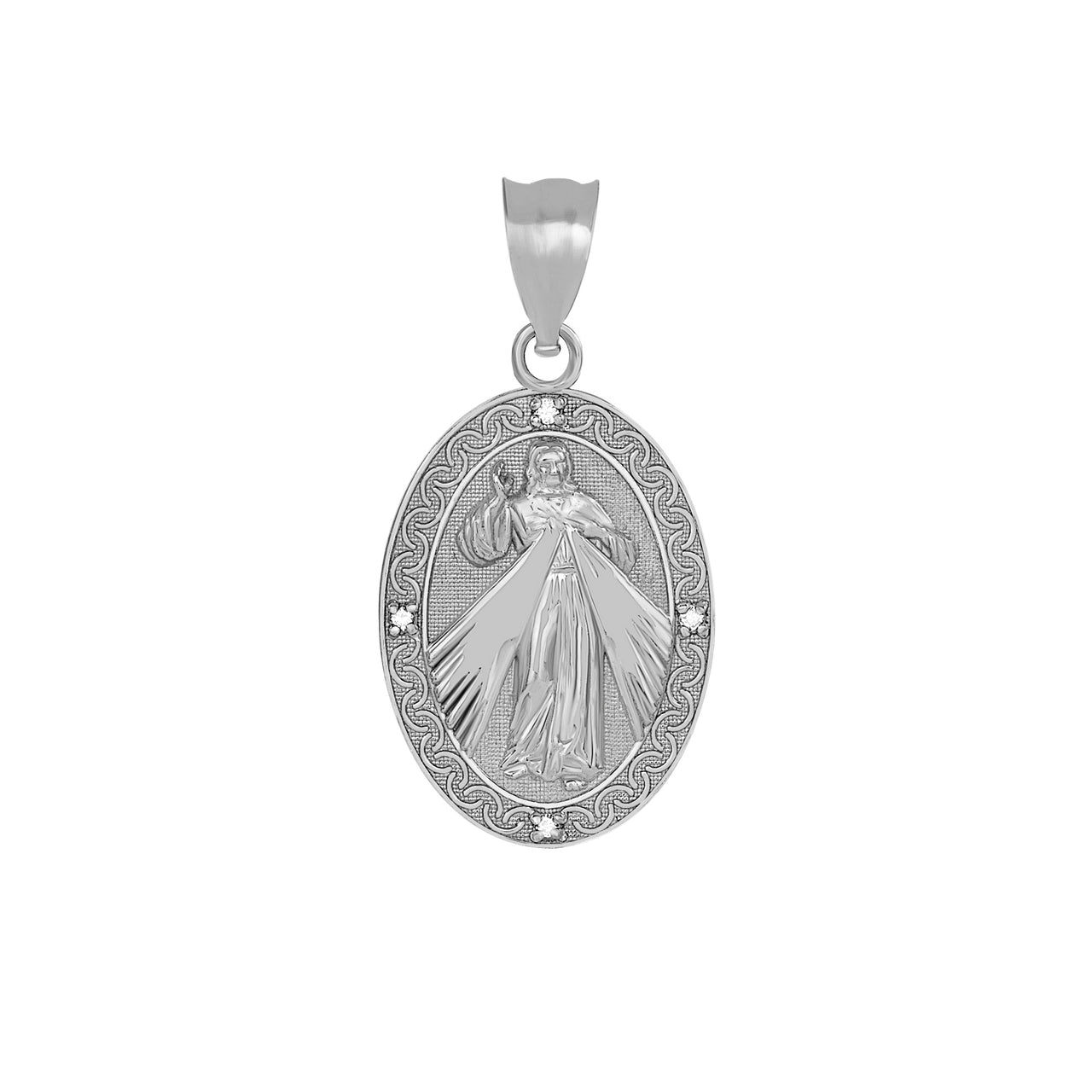Sterling Silver Cubic Zirconia Jesus Christ Divine Mercy Engravable Oval Medallion Pendant Necklace, view 3