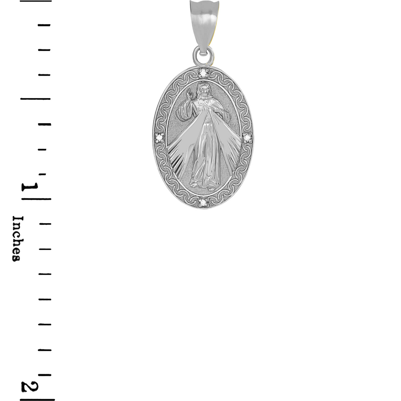 Sterling Silver Cubic Zirconia Jesus Christ Divine Mercy Engravable Oval Medallion Pendant Necklace, view 5
