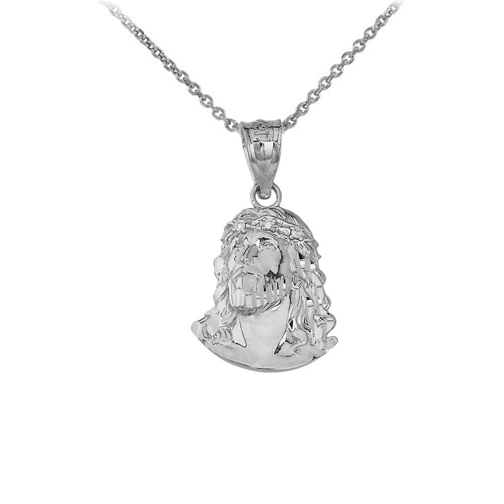 Sterling Silver Cubic Zirconia Jesus Christ Face Pendant Necklace (0.86")